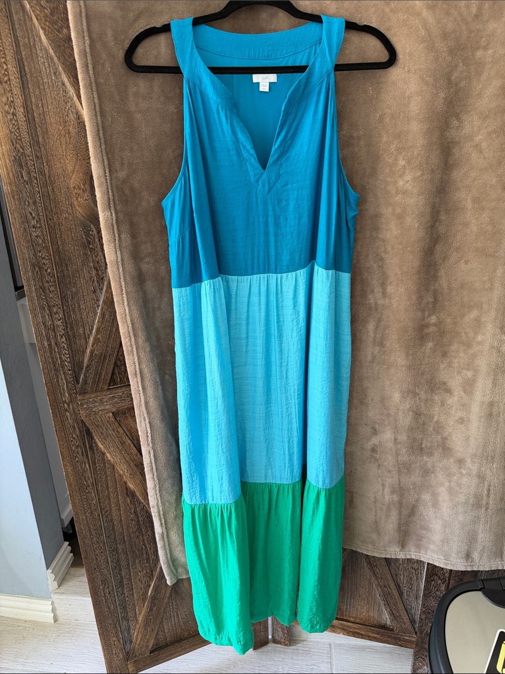 J Jill Sleeveless Colorblock Maxi Dress Pockets Teal Blue Green LP